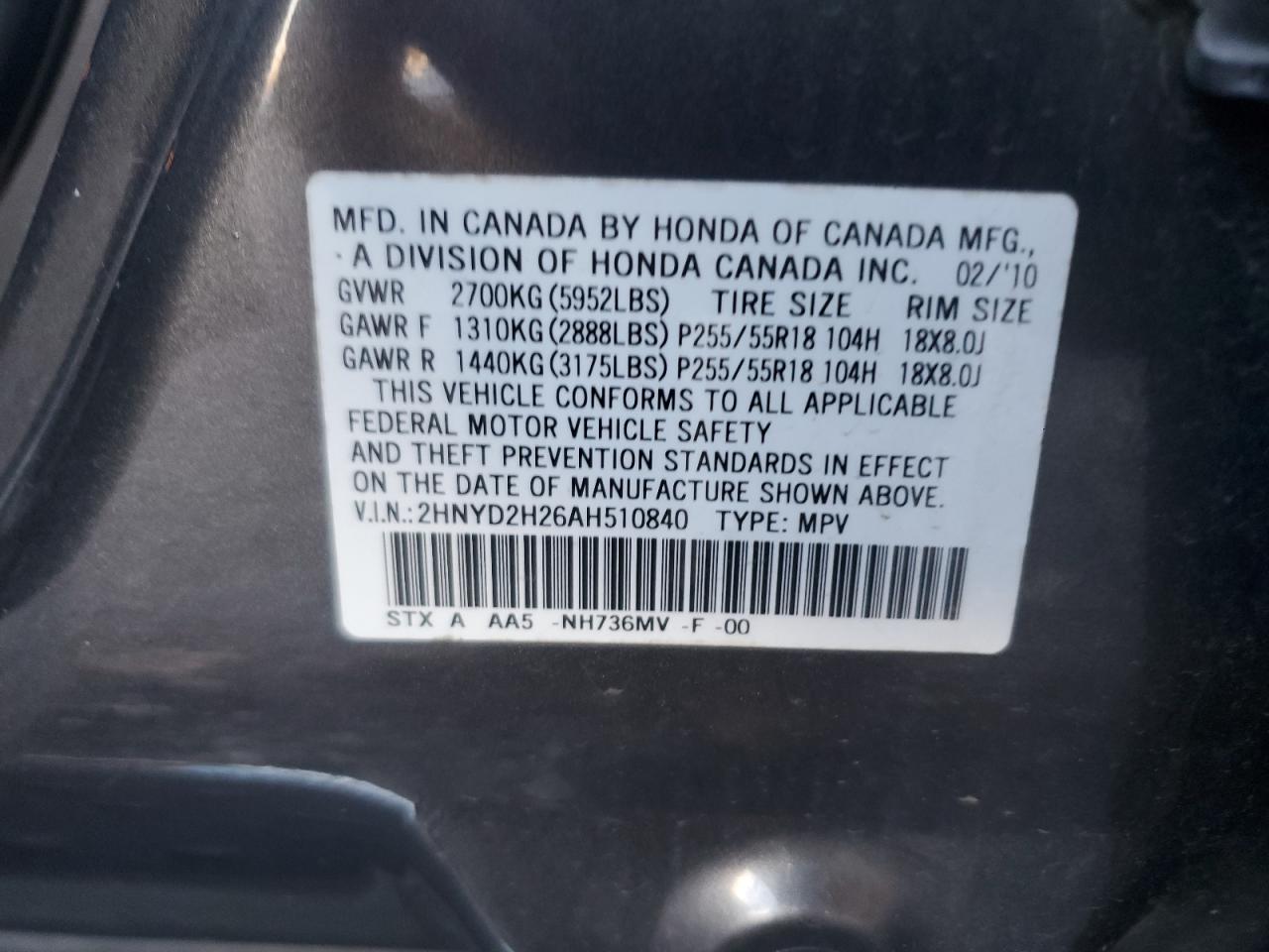 2010 Acura Mdx VIN: 2HNYD2H26AH510840 Lot: 93104395