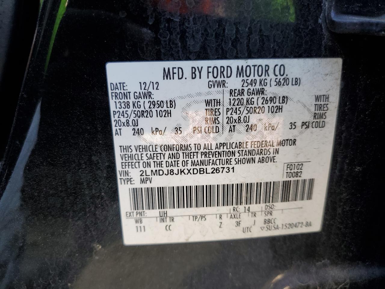 2013 Lincoln Mkx VIN: 2LMDJ8JKXDBL26731 Lot: 91766055