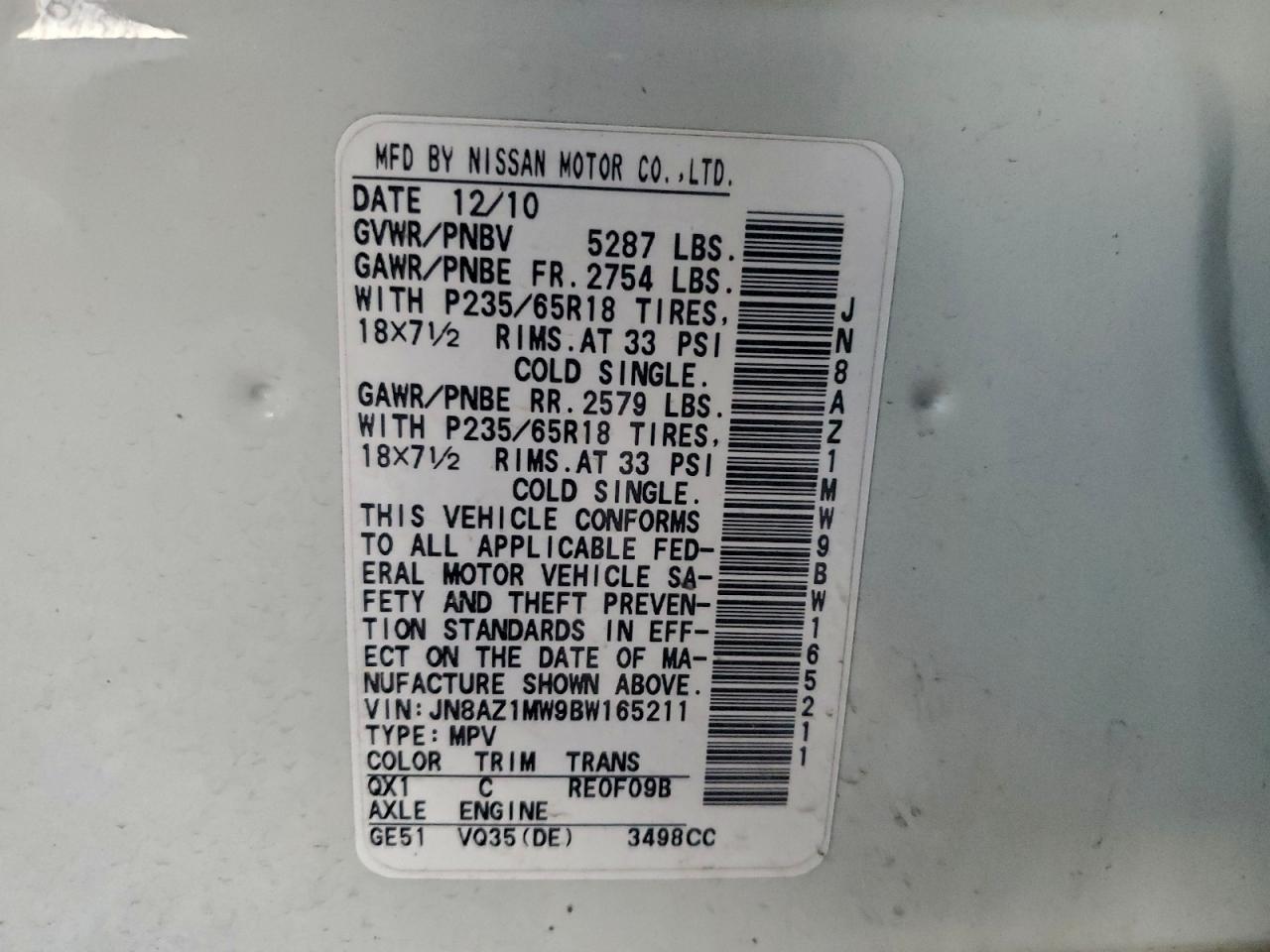 2011 Nissan Murano S VIN: JN8AZ1MW9BW165211 Lot: 94179265