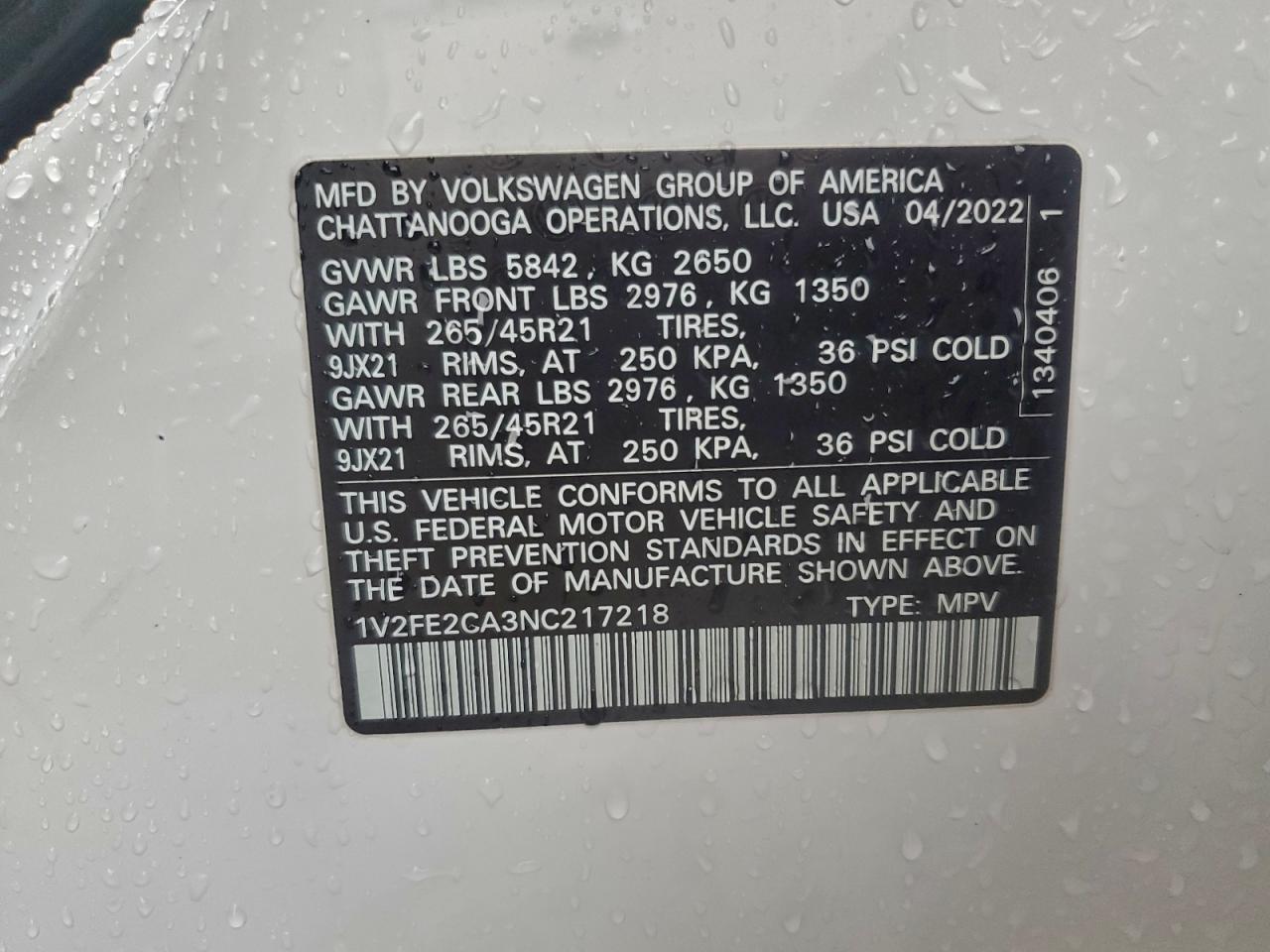 2022 Volkswagen Atlas Cross Sport Sel Premium R-Line VIN: 1V2FE2CA3NC217218 Lot: 93137565