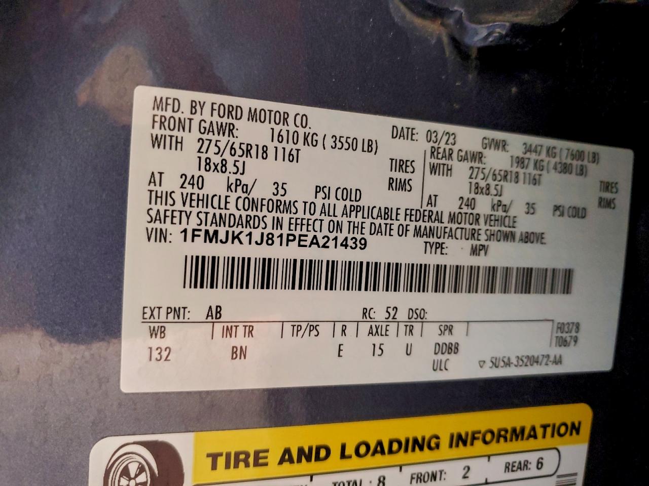 2023 Ford Expedition Max Xlt VIN: 1FMJK1J81PEA21439 Lot: 94495175