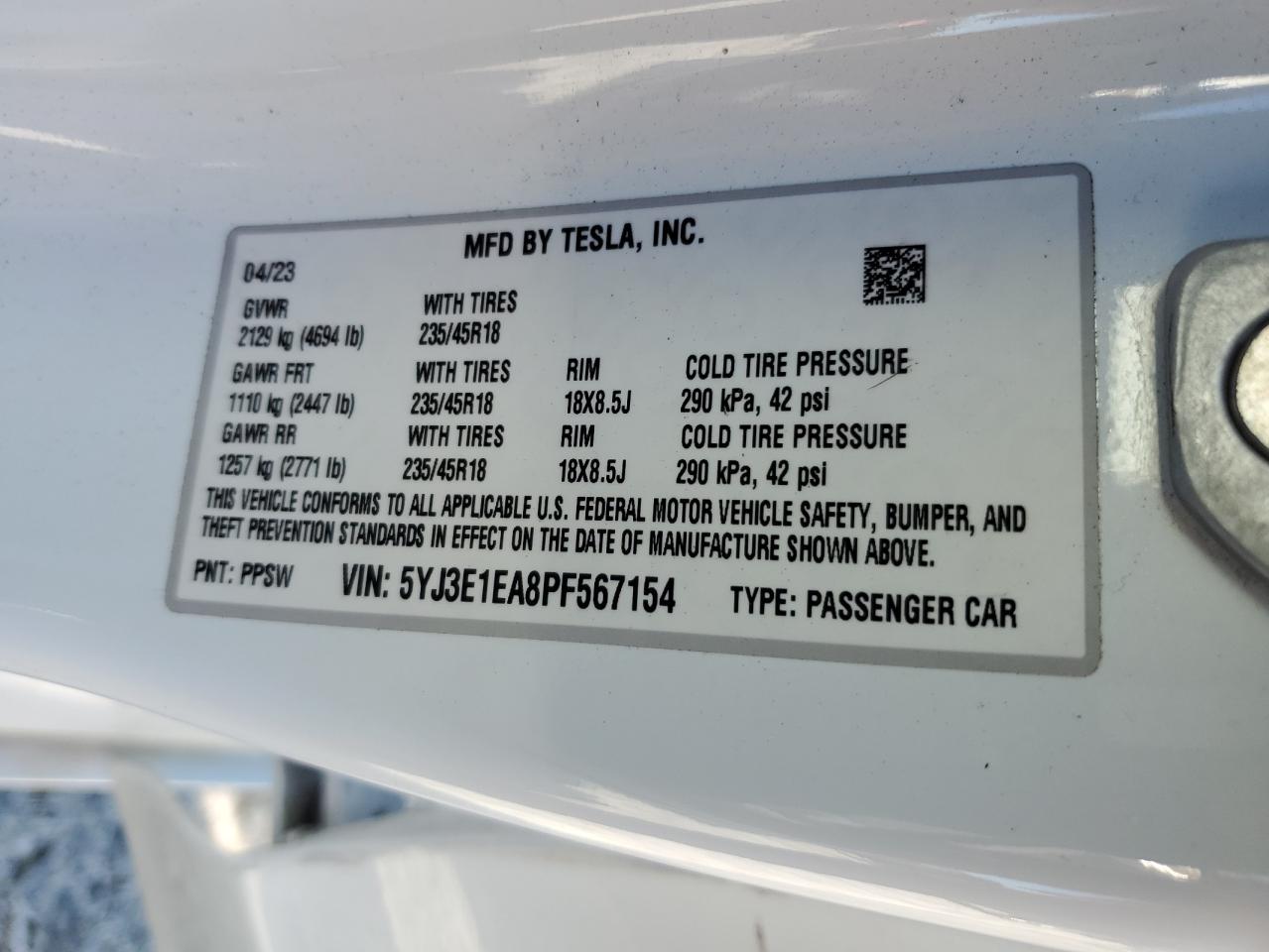 2023 Tesla Model 3 VIN: 5YJ3E1EA8PF567154 Lot: 91518655