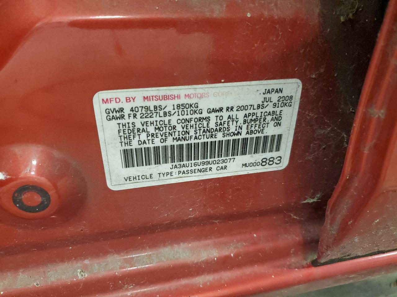 2009 Mitsubishi Lancer De VIN: JA3AU16U99U023077 Lot: 92350815