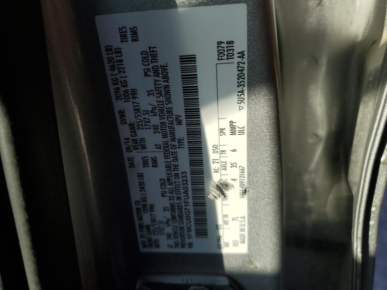 2015 Ford Escape Se VIN: 1FMCU0G71FUA03233 Lot: 91425925