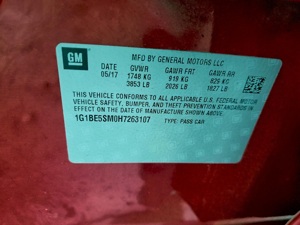 2017 Chevrolet Cruze Lt VIN: 1G1BE5SM0H7263107 Lot: 93398745