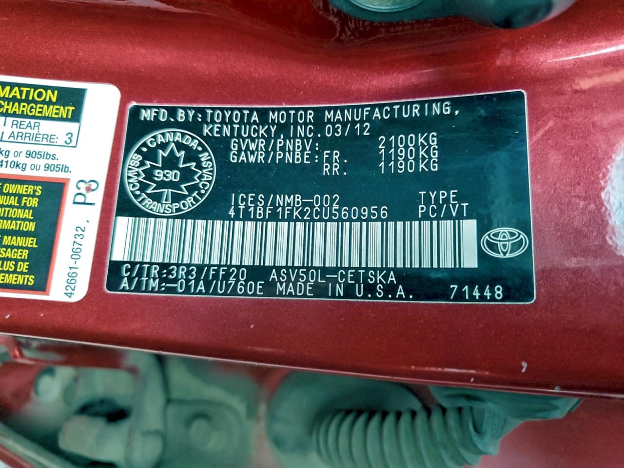 2012 Toyota Camry Base VIN: 4T1BF1FK2CU560956 Lot: 94930055