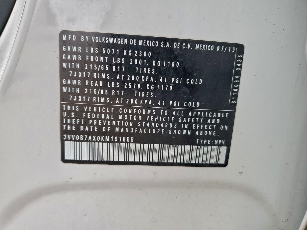 2019 Volkswagen Tiguan S VIN: 3VV0B7AX0KM191855 Lot: 94119185