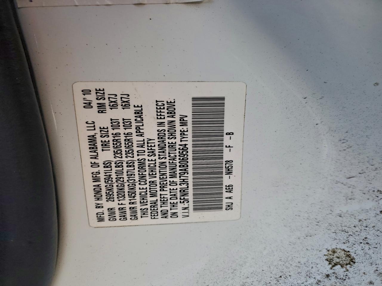 2010 Honda Odyssey Exl VIN: 5FNRL3H79AB069564 Lot: 93853435