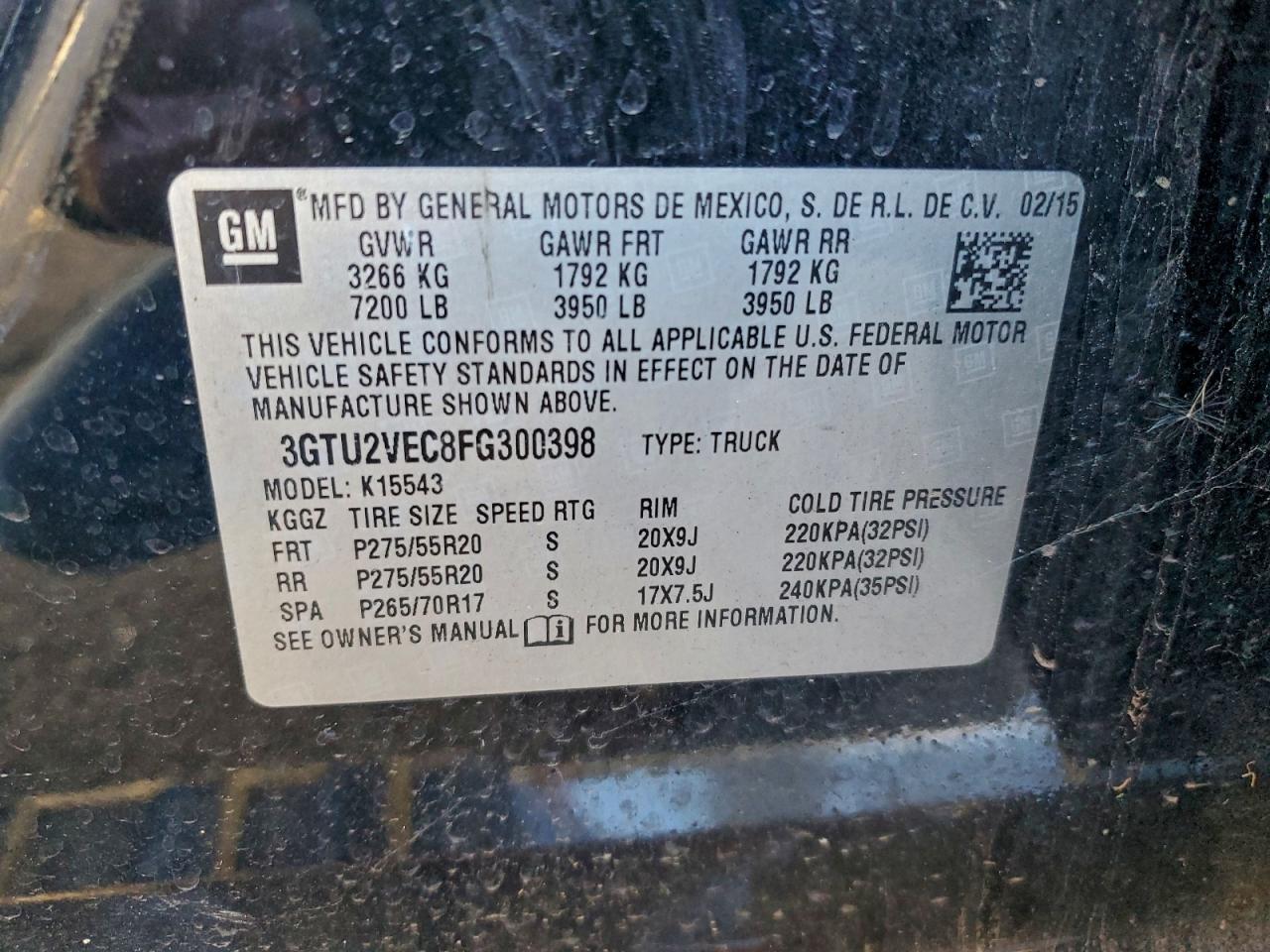 2015 GMC Sierra K1500 Slt VIN: 3GTU2VEC8FG300398 Lot: 94234335