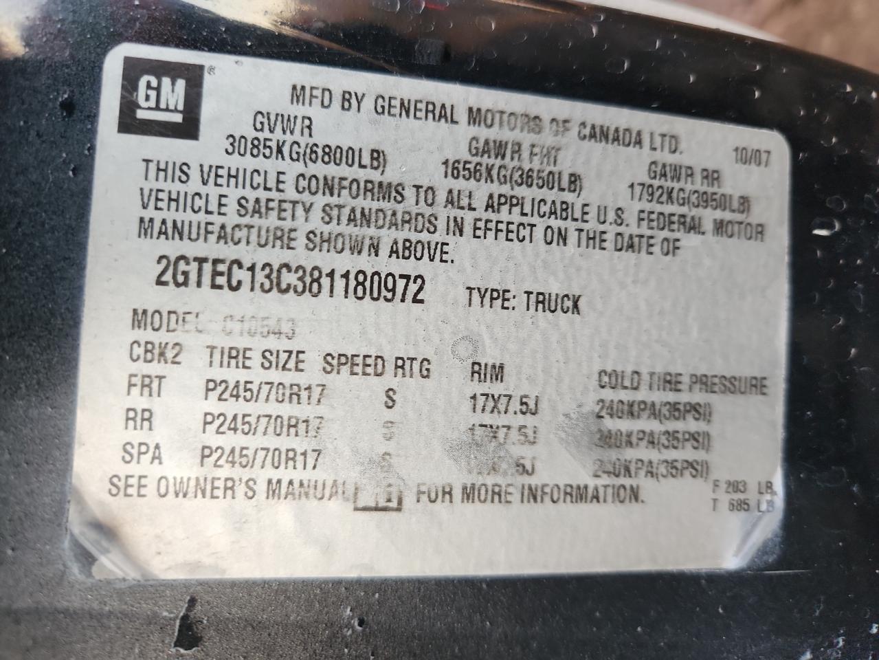 2008 GMC Sierra C1500 VIN: 2GTEC13C381180972 Lot: 71911615