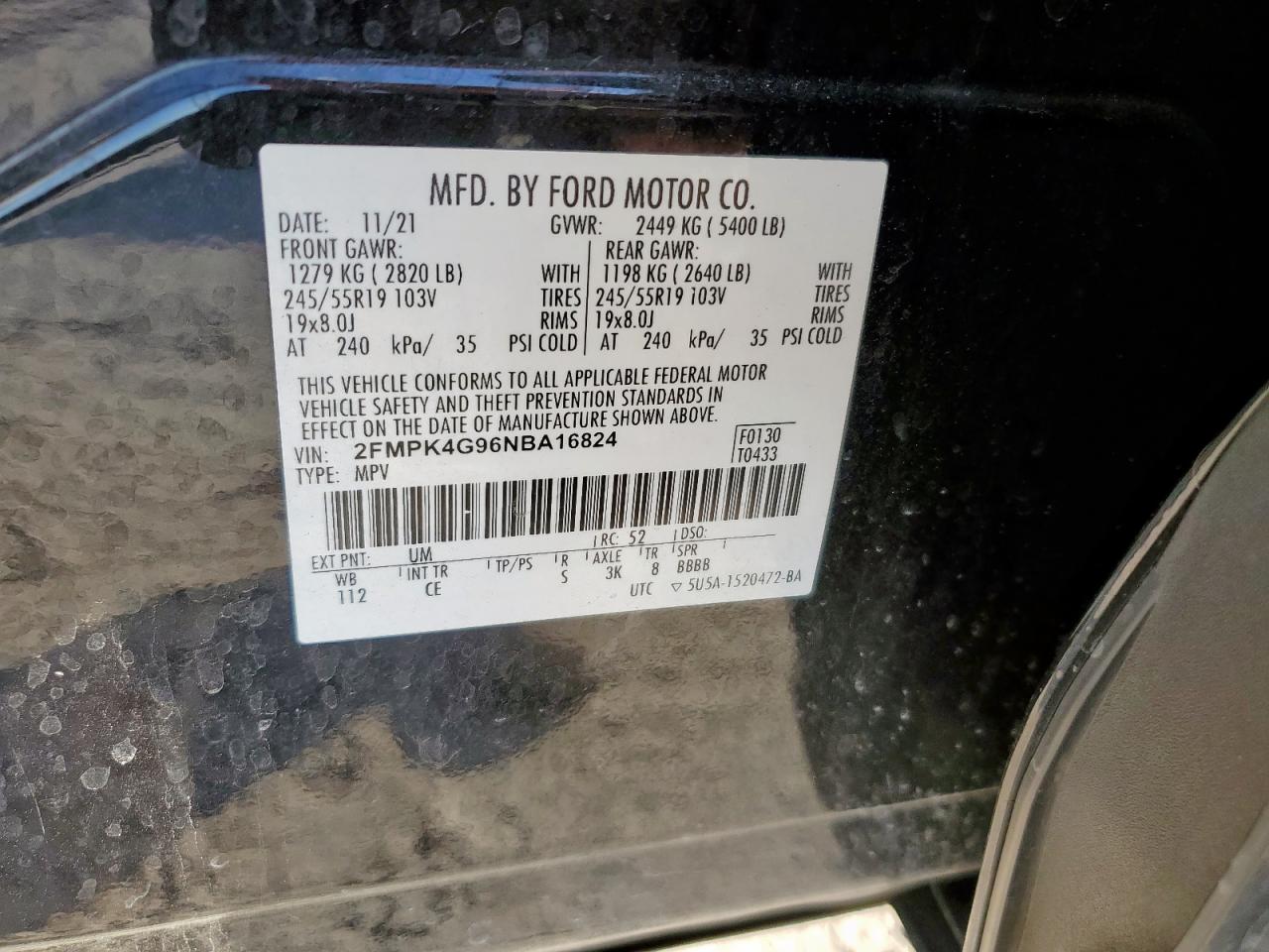 2022 Ford Edge Se VIN: 2FMPK4G96NBA16824 Lot: 92468525