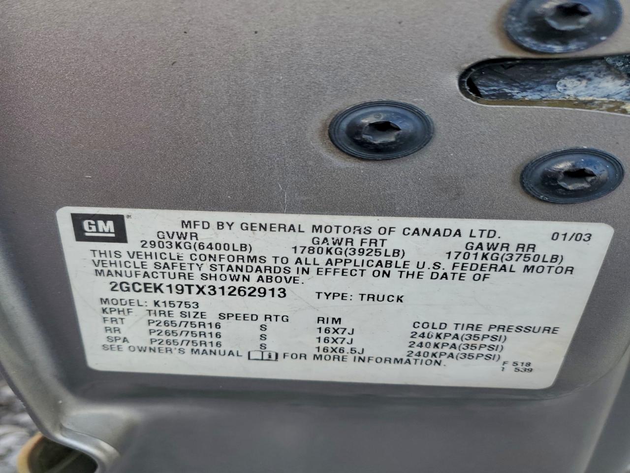 2003 Chevrolet Silverado K1500 VIN: 2GCEK19TX31262913 Lot: 93487255