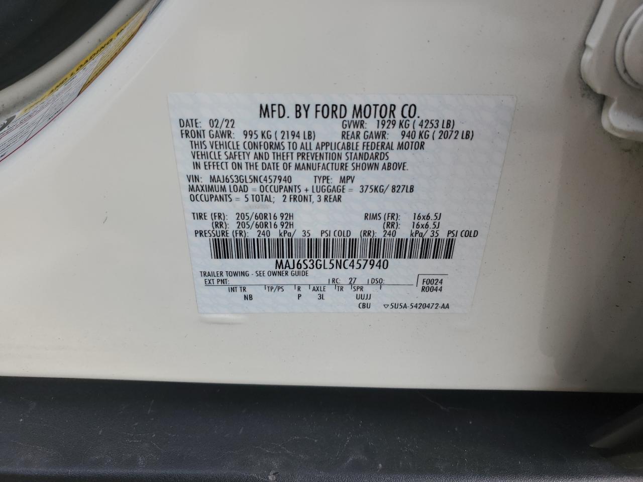 2022 Ford Ecosport Se VIN: MAJ6S3GL5NC457940 Lot: 92095065