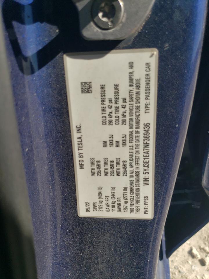 2022 Tesla Model 3 VIN: 5YJ3E1EA7NF369436 Lot: 92058445
