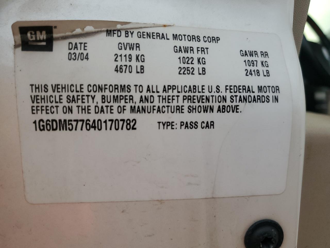 2004 Cadillac Cts VIN: 1G6DM577640170782 Lot: 92183475