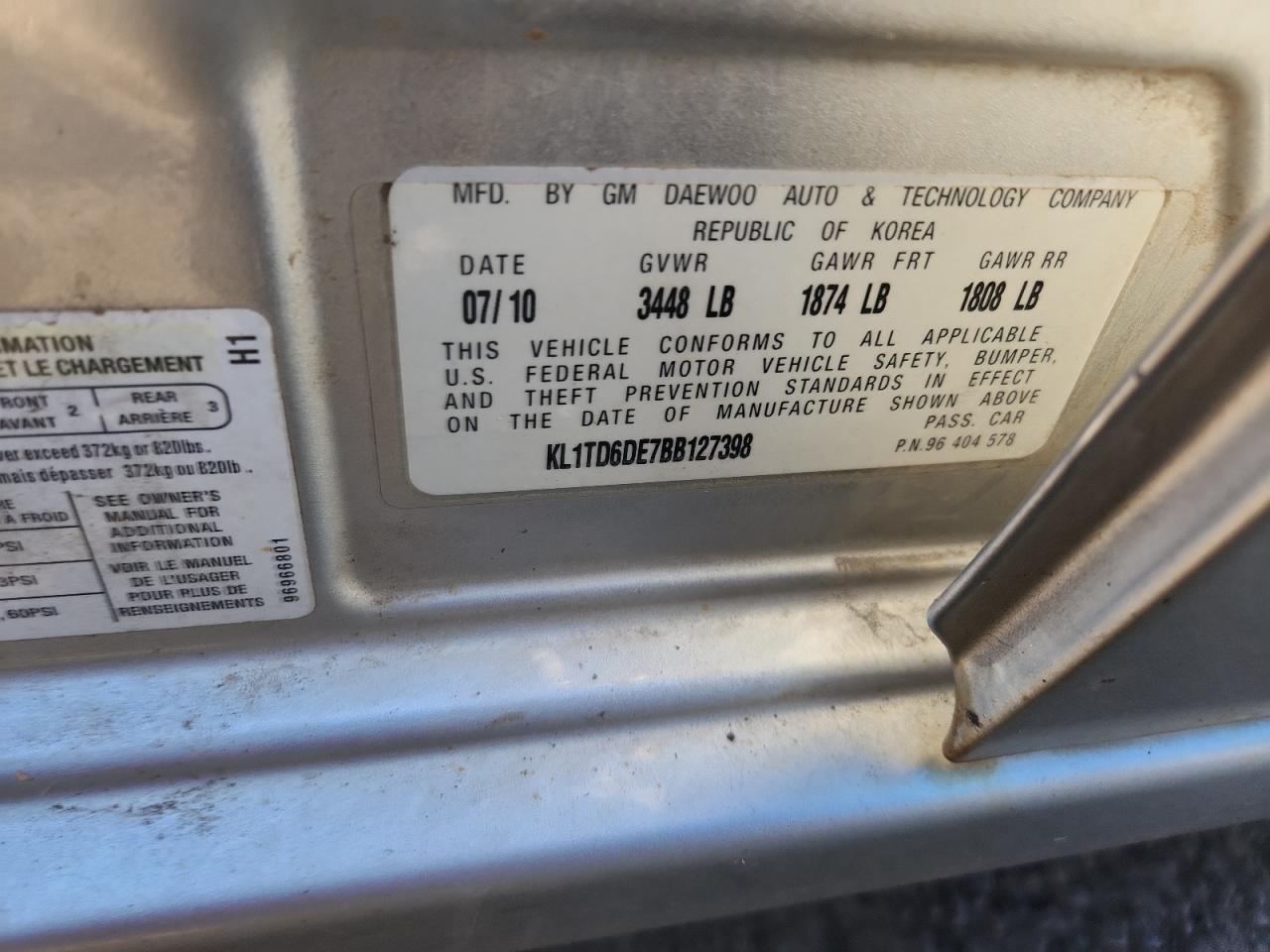 2011 Chevrolet Aveo Ls VIN: KL1TD6DE7BB127398 Lot: 92788235