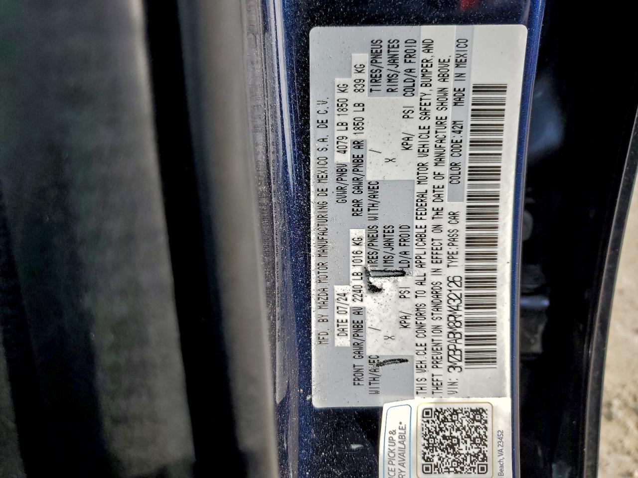 2024 Mazda 3 Select Sport VIN: 3MZBPABM8RM432126 Lot: 94220595