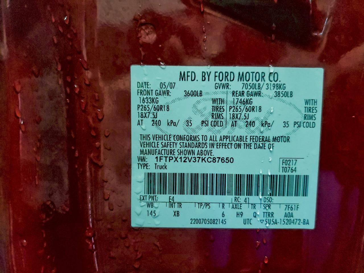 2007 Ford F150 VIN: 1FTPX12V37KC87650 Lot: 94283345