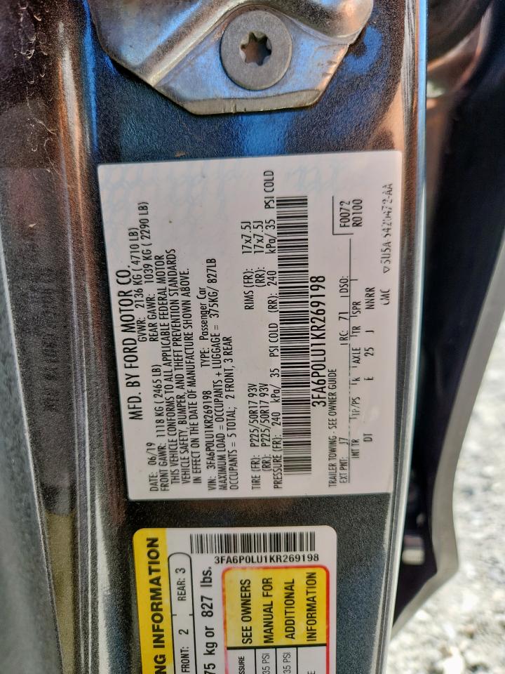 2019 Ford Fusion Se VIN: 3FA6P0LU1KR269198 Lot: 92036825