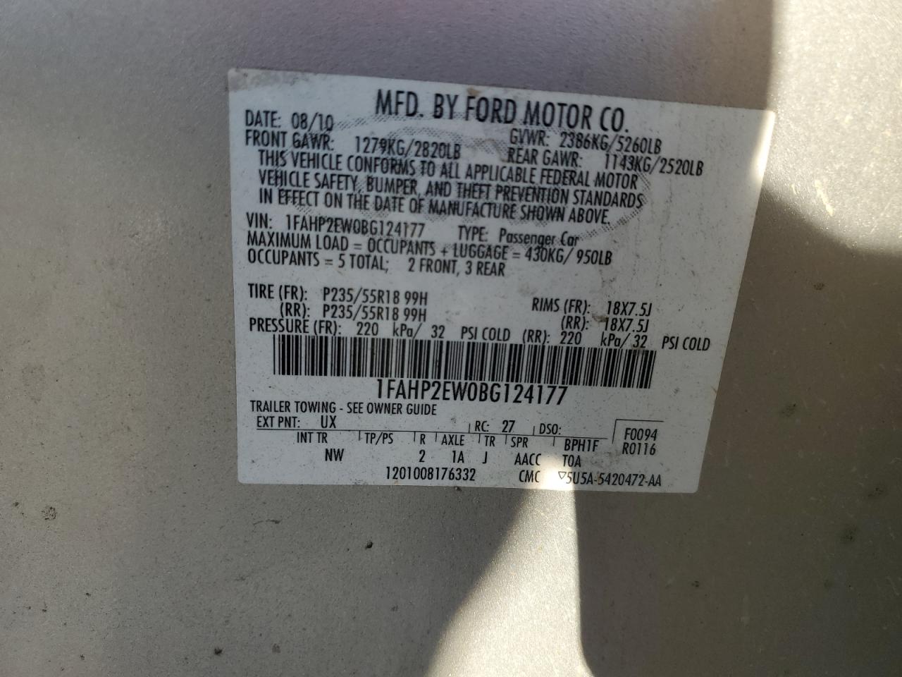 2011 Ford Taurus Sel VIN: 1FAHP2EW0BG124177 Lot: 93276595