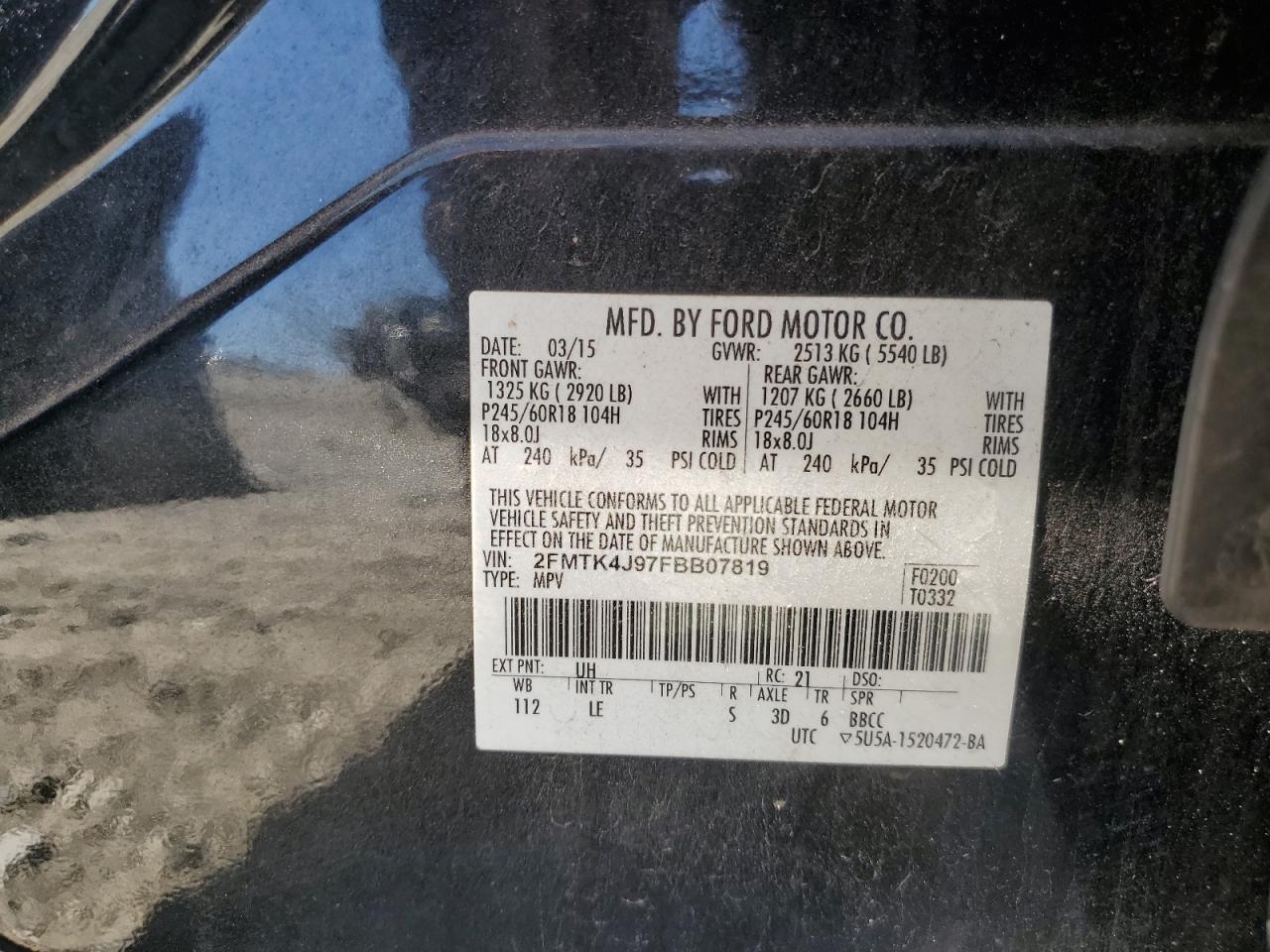 2015 Ford Edge Sel VIN: 2FMTK4J97FBB07819 Lot: 92341535