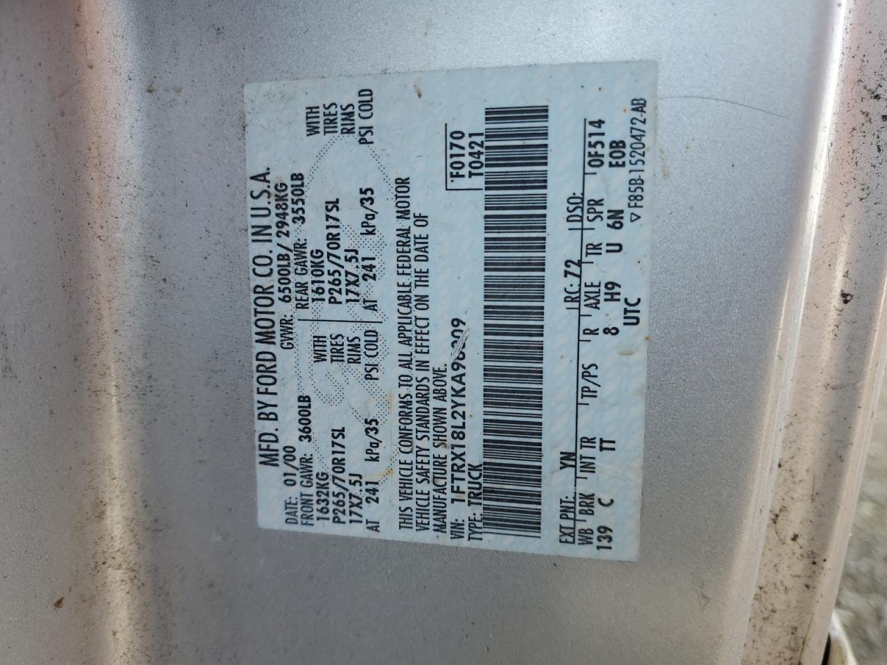 2000 Ford F150 VIN: 1FTRX18L2YKA96009 Lot: 91028395