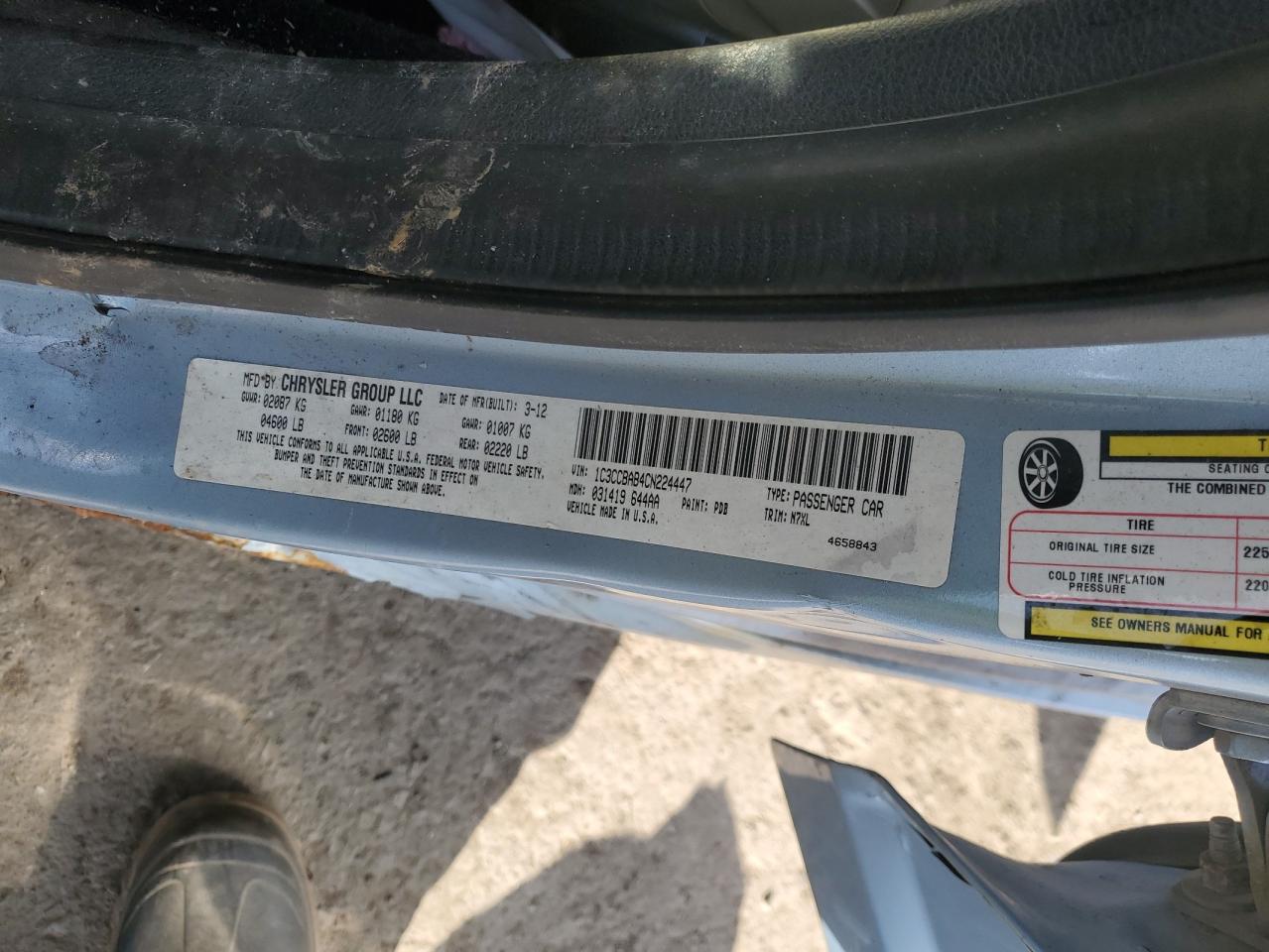 2012 Chrysler 200 Lx VIN: 1C3CCBAB4CN224447 Lot: 92284265