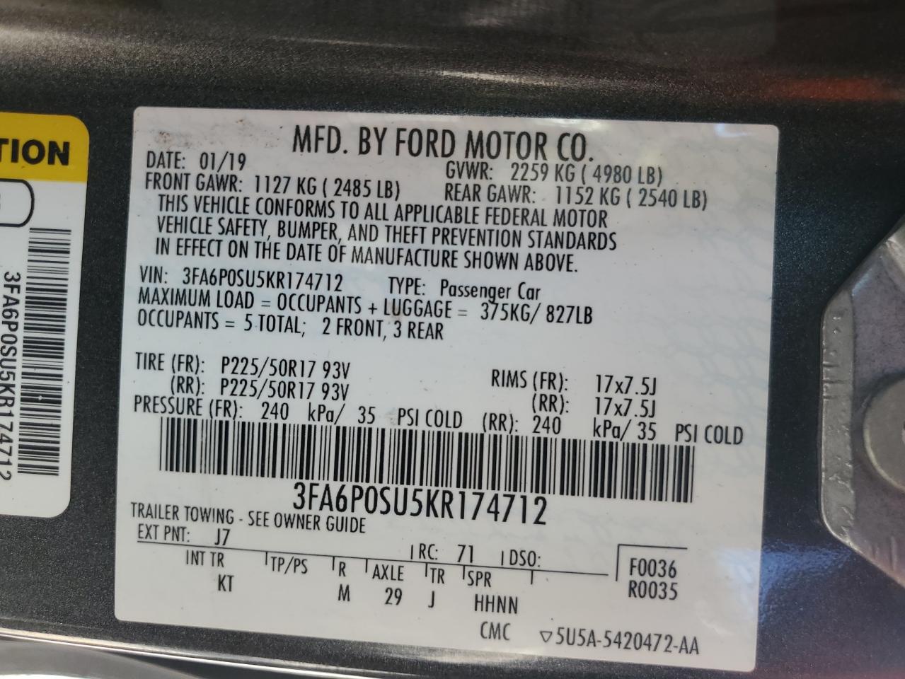 2019 Ford Fusion Titanium VIN: 3FA6P0SU5KR174712 Lot: 93493075