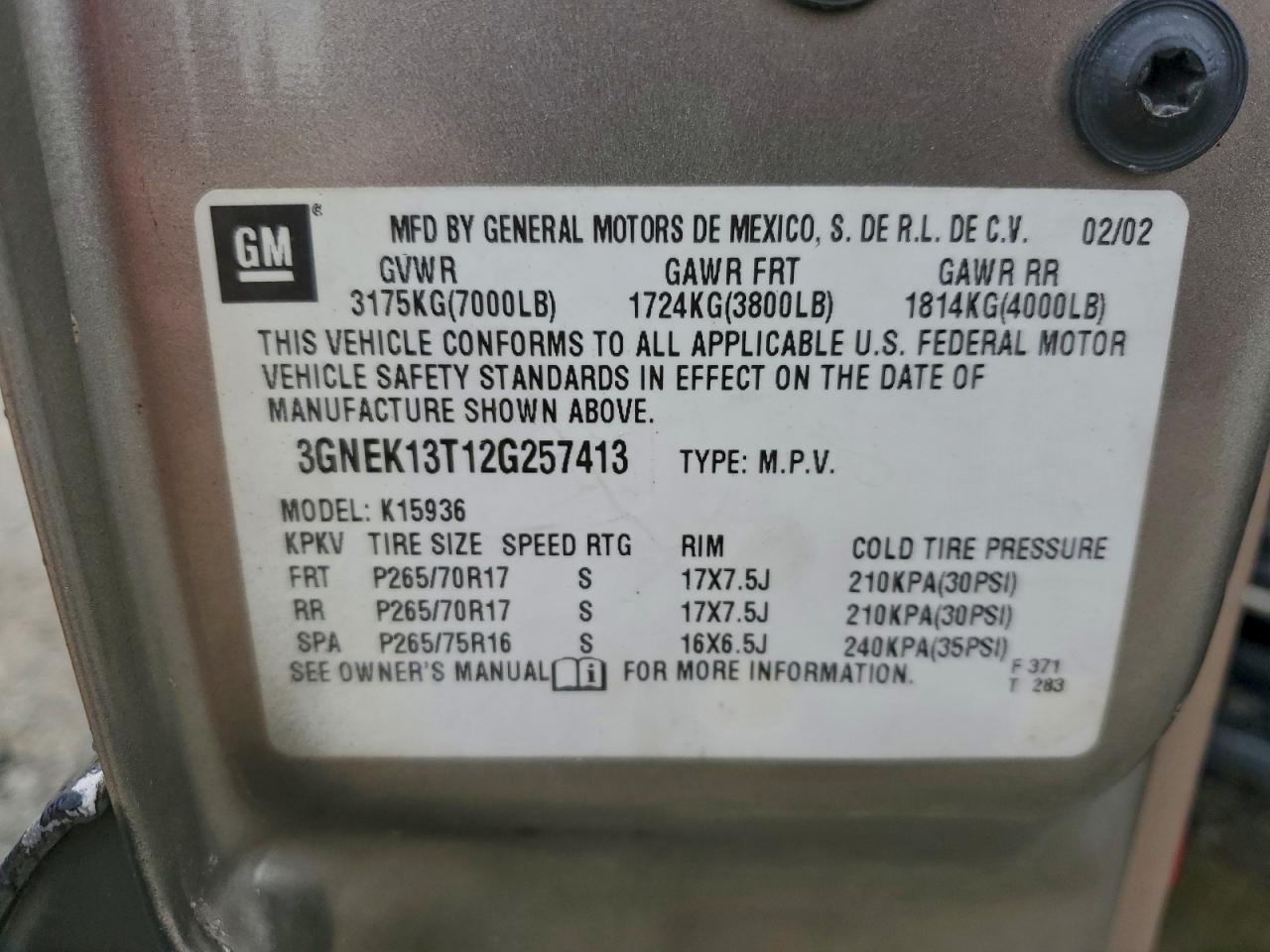 2002 Chevrolet Avalanche K1500 VIN: 3GNEK13T12G257413 Lot: 94139815
