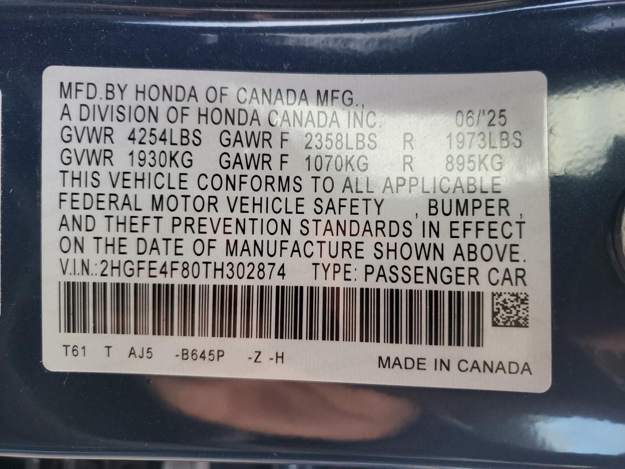 2026 Honda Civic Sport VIN: 2HGFE4F80TH302874 Lot: 91599085