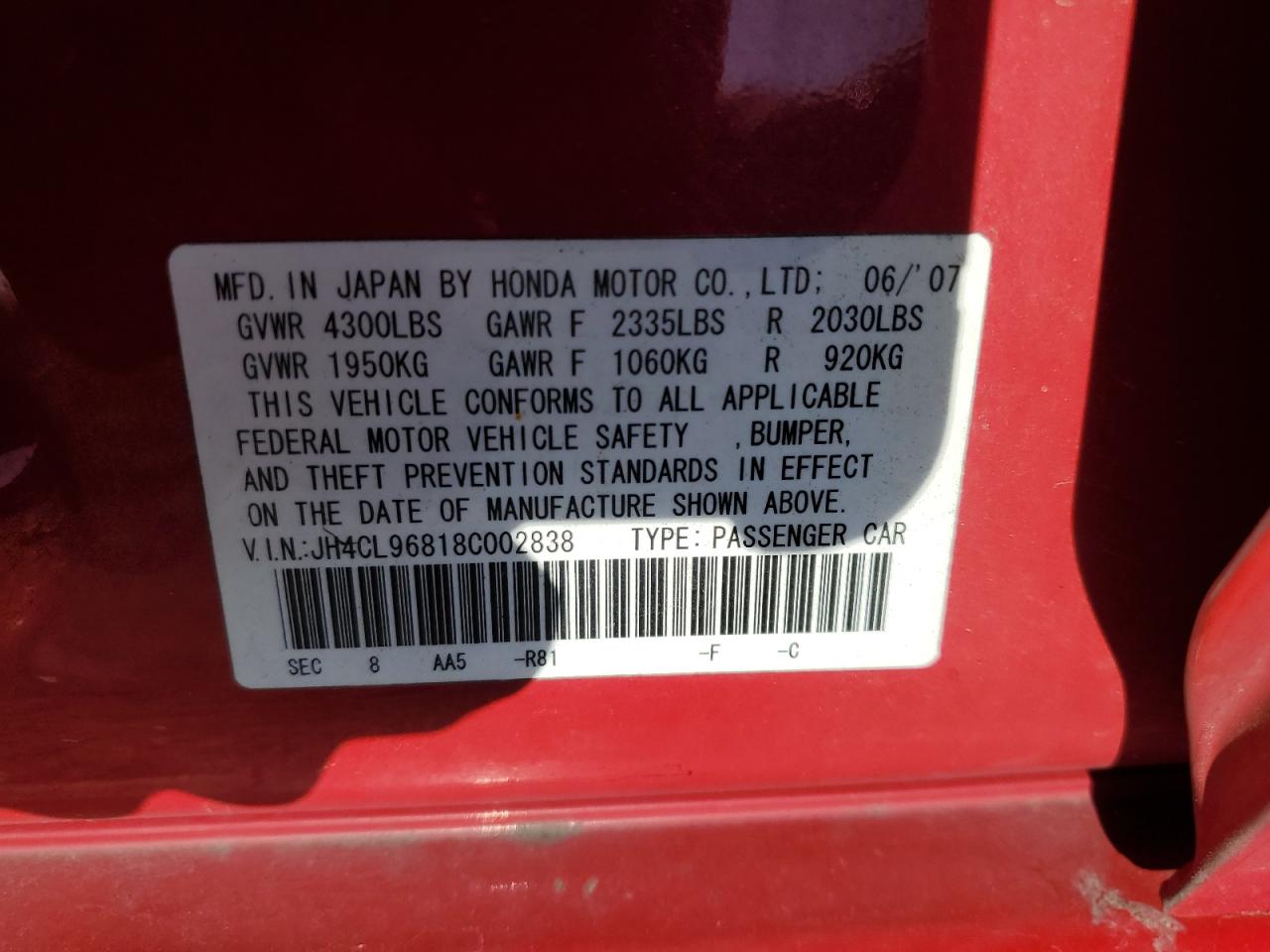 2008 Acura Tsx VIN: JH4CL96818C002838 Lot: 91656875