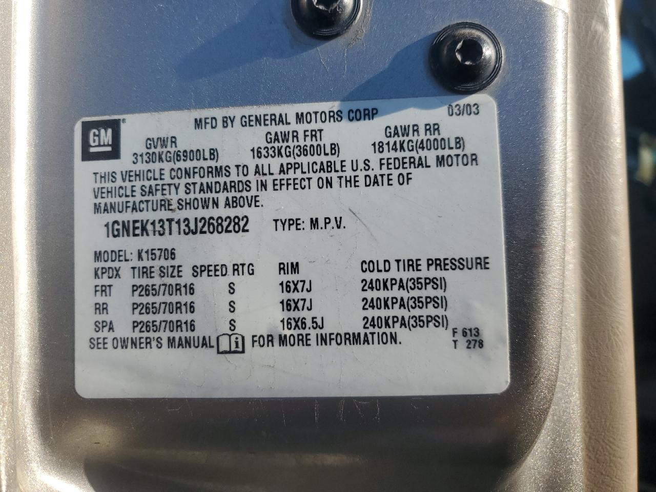 2003 Chevrolet Tahoe K1500 VIN: 1GNEK13T13J268282 Lot: 91291815