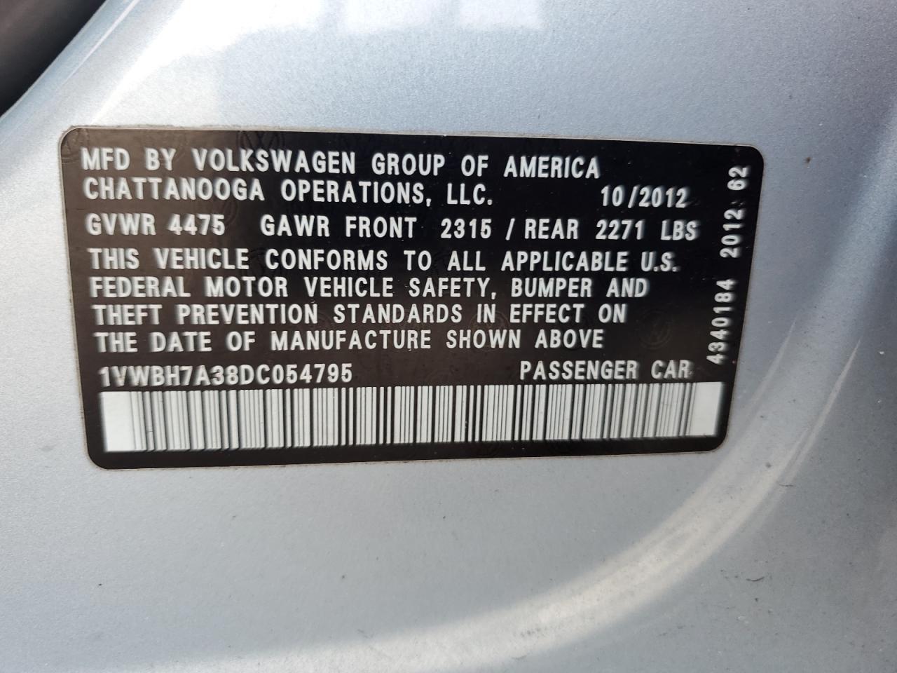 2013 Volkswagen Passat Se VIN: 1VWBH7A38DC054795 Lot: 93626795