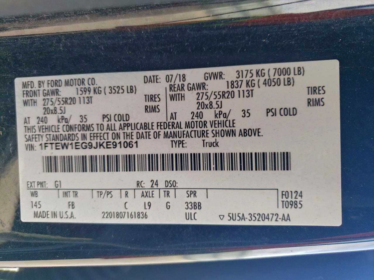 2018 Ford F150 Supercrew VIN: 1FTEW1EG9JKE91061 Lot: 94538095