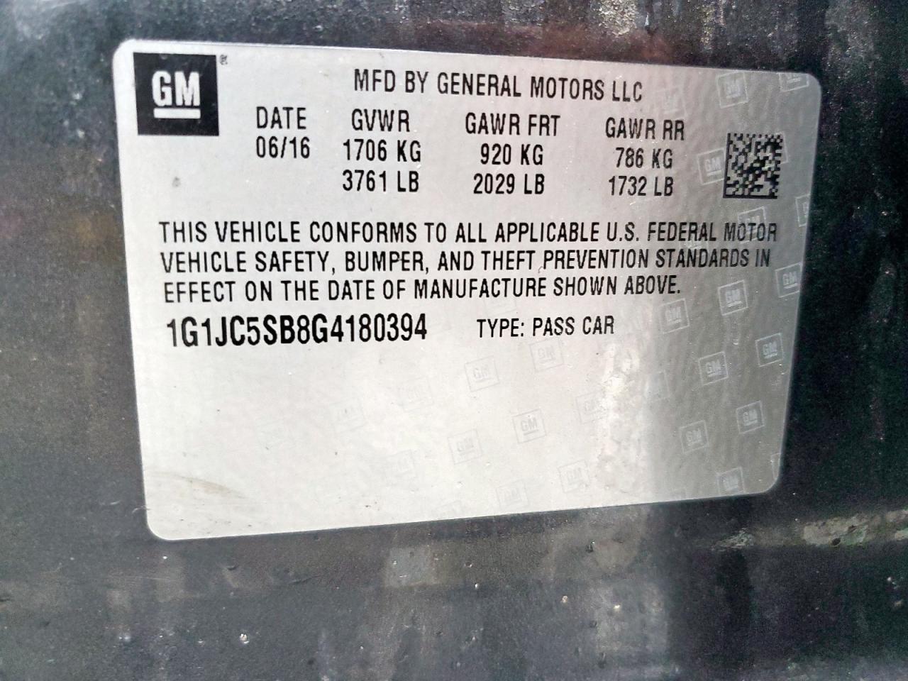 2016 Chevrolet Sonic Lt VIN: 1G1JC5SB8G4180394 Lot: 93943545