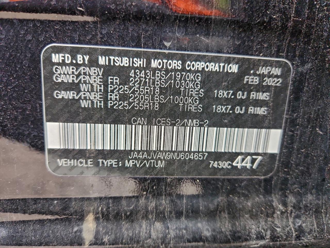 2022 Mitsubishi Rvr Se VIN: JA4AJVAW9NU604657 Lot: 94349915