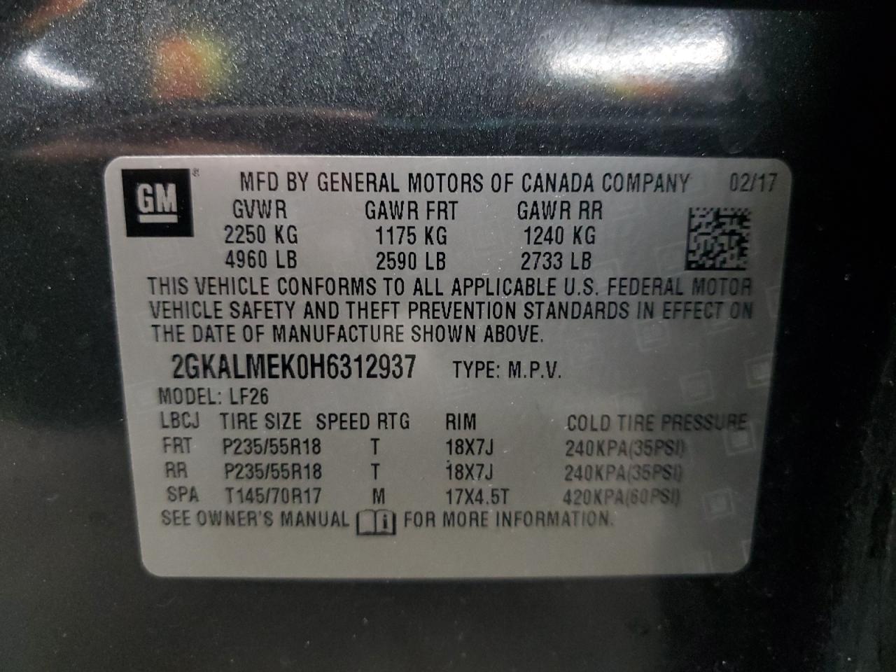 2017 GMC Terrain Sle VIN: 2GKALMEK0H6312937 Lot: 93247575