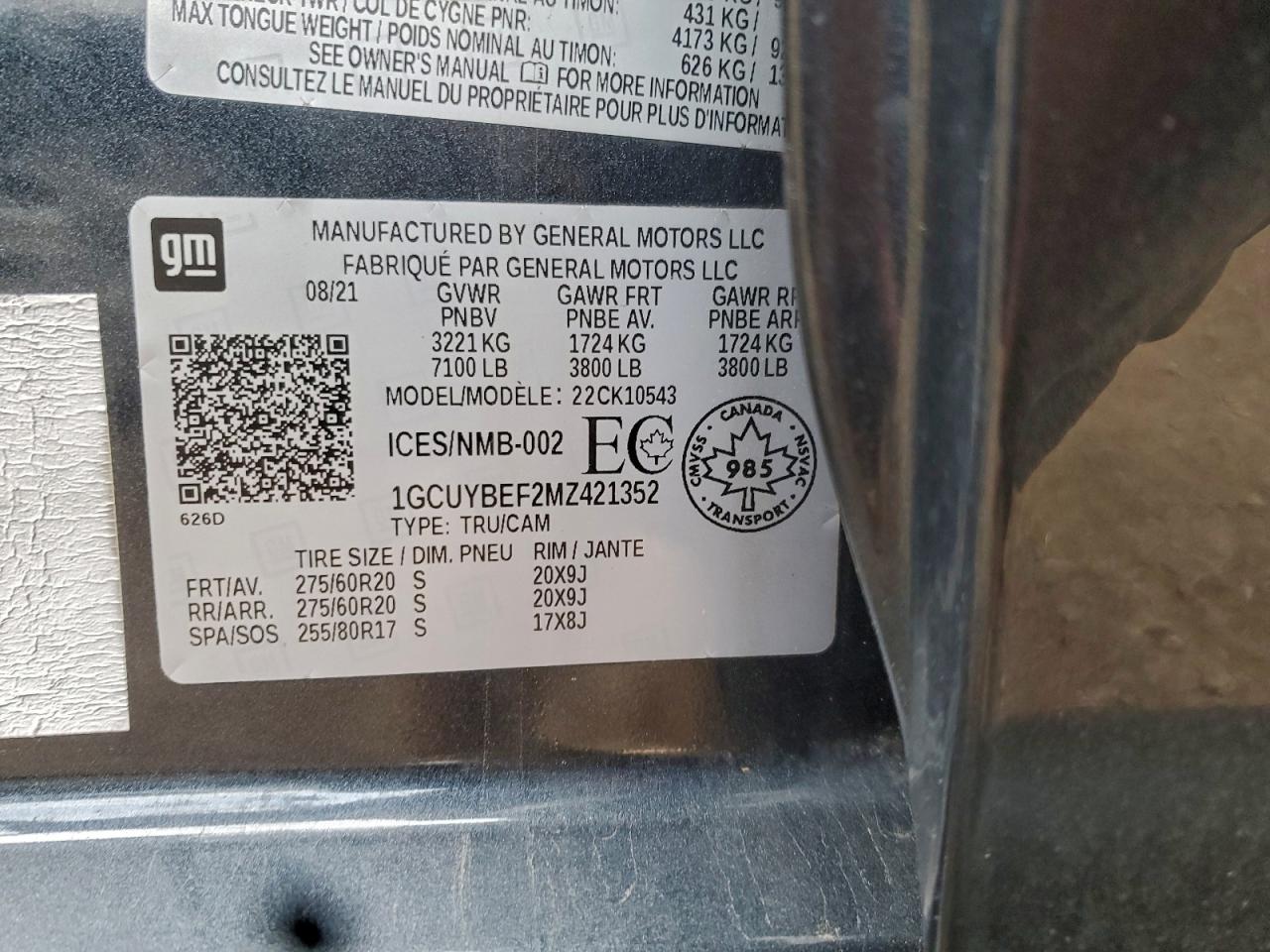 2021 Chevrolet Silverado K1500 Custom VIN: 1GCUYBEF2MZ421352 Lot: 93320615