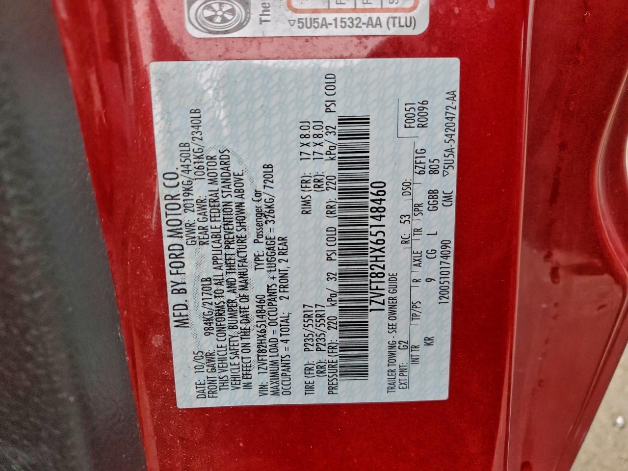 2006 Ford Mustang Gt VIN: 1ZVFT82HX65148460 Lot: 93423245