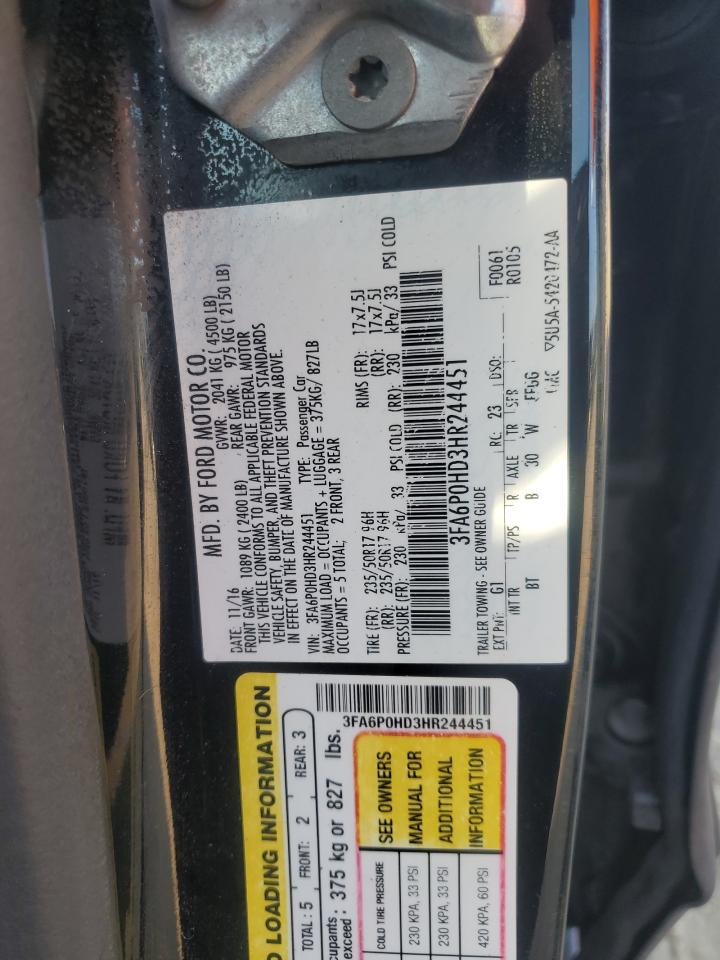 2017 Ford Fusion Se VIN: 3FA6P0HD3HR244451 Lot: 93216135