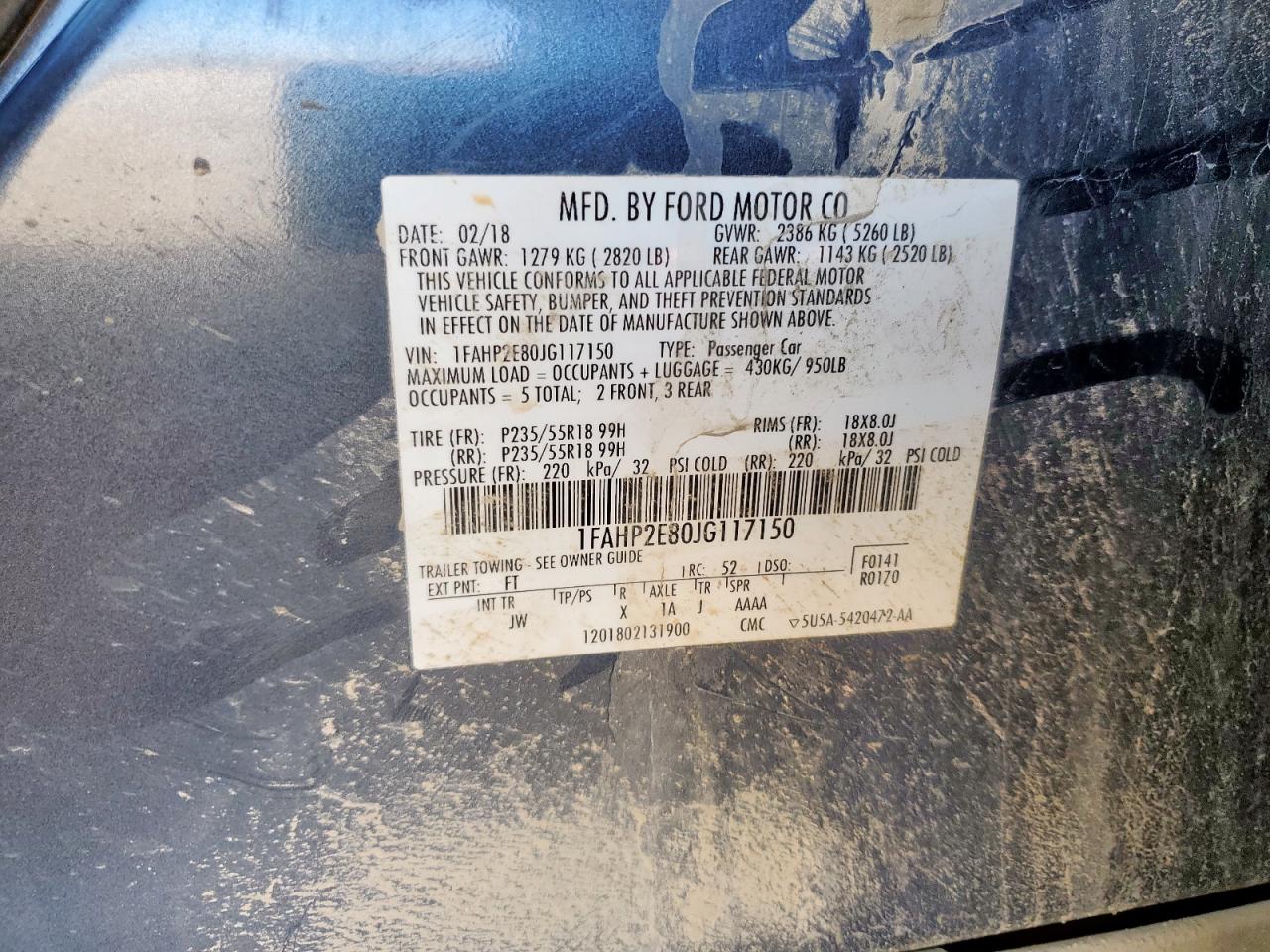 2018 Ford Taurus Sel VIN: 1FAHP2E80JG117150 Lot: 91438115