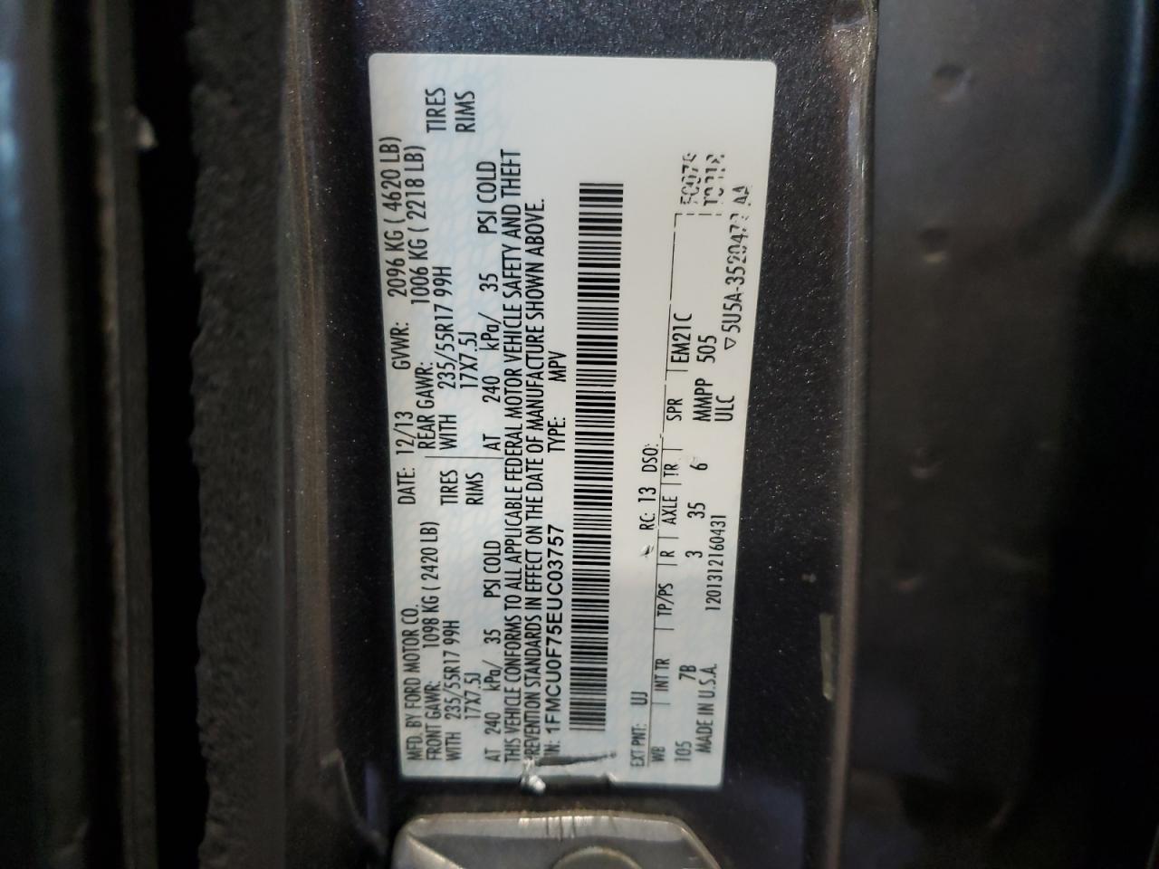 2014 Ford Escape S VIN: 1FMCU0F75EUC03757 Lot: 92400505