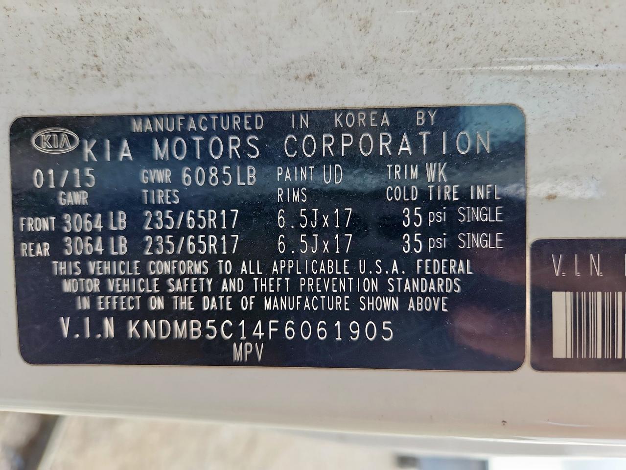 2015 Kia Sedona Lx VIN: KNDMB5C14F6061905 Lot: 93072715