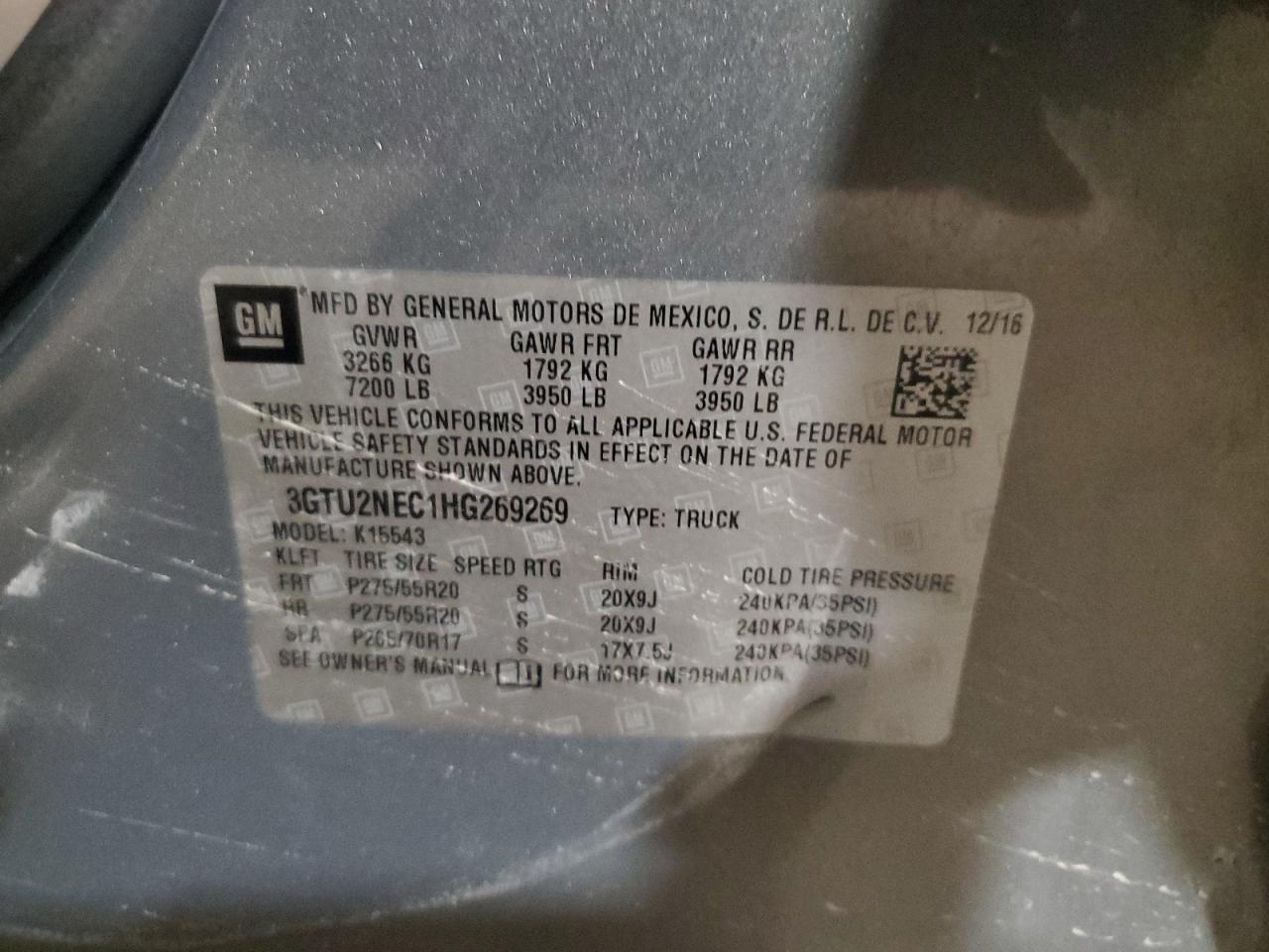 2017 GMC Sierra K1500 Slt VIN: 3GTU2NEC1HG269269 Lot: 92430145