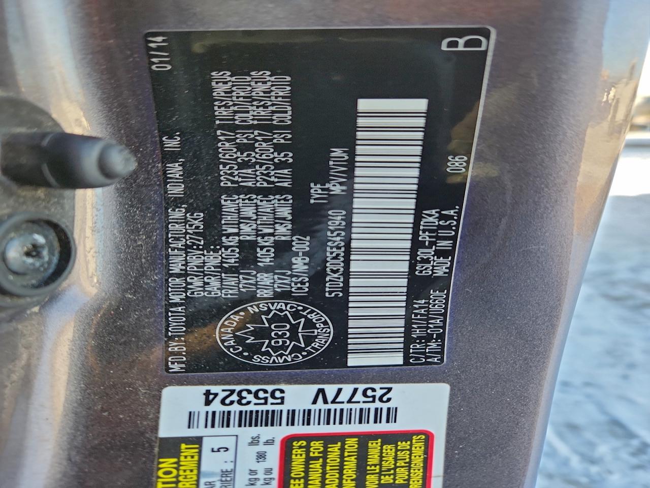 2014 Toyota Sienna VIN: 5TDZK3DC5ES451940 Lot: 93993305