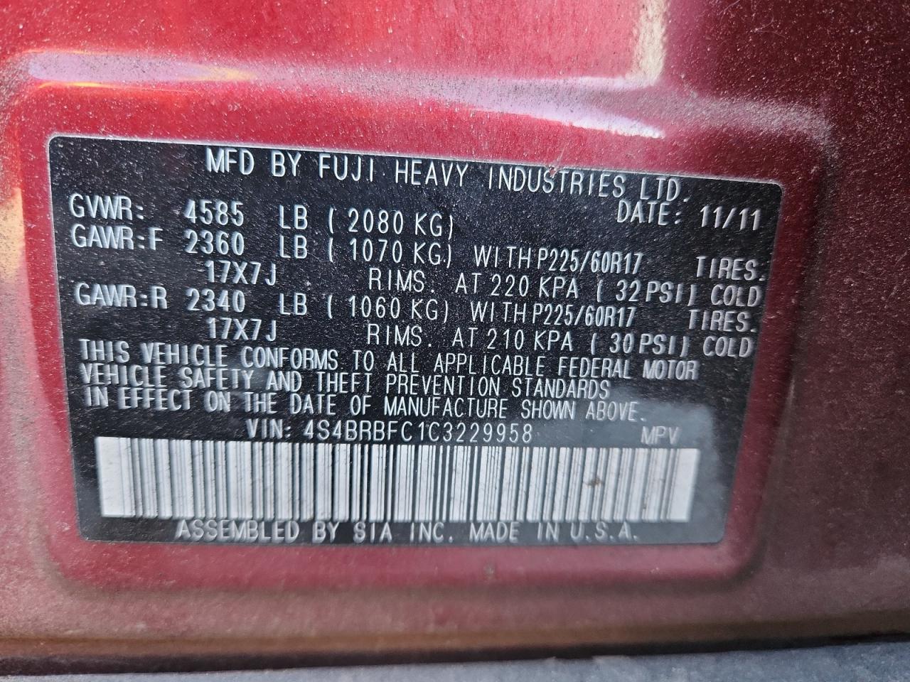 2012 Subaru Outback 2.5I Premium VIN: 4S4BRBFC1C3229958 Lot: 91585405