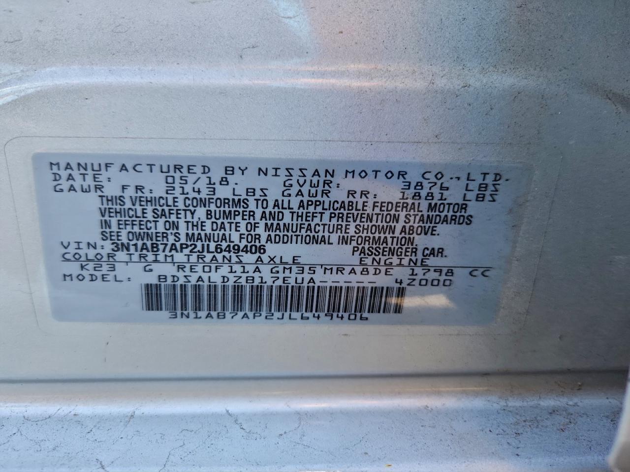 2018 Nissan Sentra S VIN: 3N1AB7AP2JL649406 Lot: 94575275