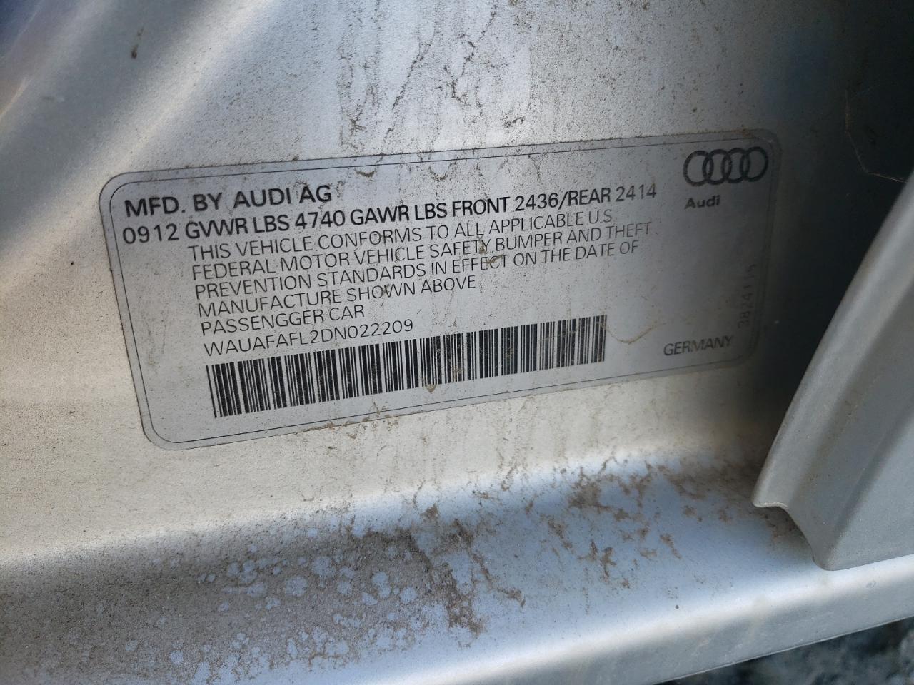 2013 Audi A4 Premium VIN: WAUAFAFL2DN022209 Lot: 92271875