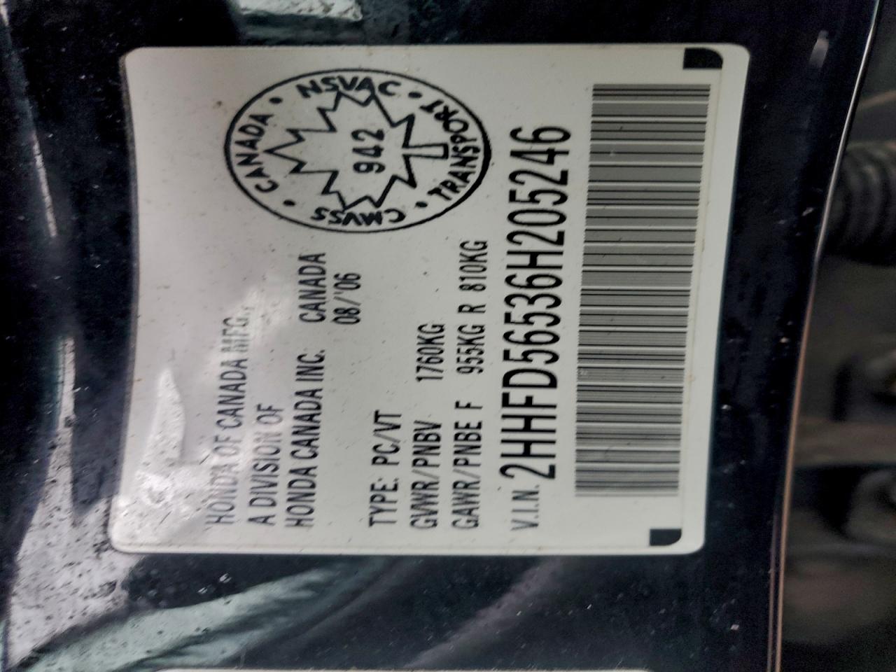 2006 Acura Csx Touring VIN: 2HHFD56536H205246 Lot: 91804165