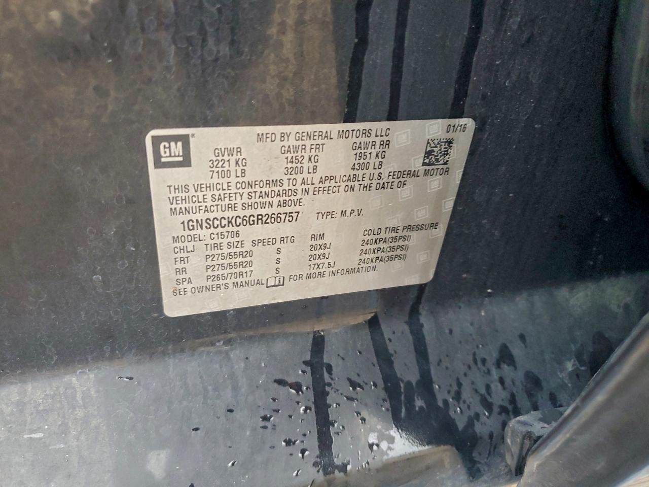 2016 Chevrolet Tahoe C1500 Ltz VIN: 1GNSCCKC6GR266757 Lot: 93619825